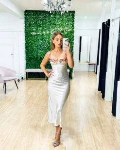 Maria Satin Maxi Dress - Oyster -Curvy Charm Store Maria Satin Maxi Dress Front 2 Oyster