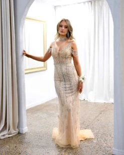 Mariah Beaded Gown - Nude -Curvy Charm Store Mariah Beaded Gown Front 1 Nude