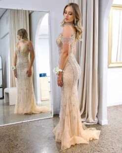 Mariah Beaded Gown - Nude -Curvy Charm Store Mariah Beaded Gown Side 1 Nude