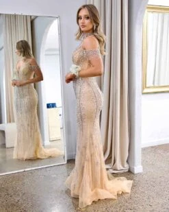 Mariah Beaded Gown - Nude -Curvy Charm Store Mariah Beaded Gown Side Nude