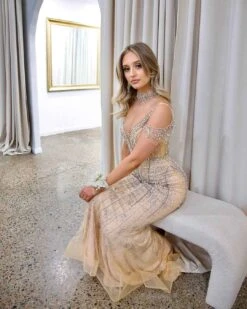 Mariah Beaded Gown - Nude -Curvy Charm Store Mariah Beaded Gown Sitting 1 Nude