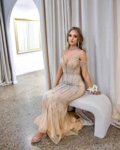 Mariah Beaded Gown - Nude -Curvy Charm Store Mariah Beaded Gown Sitting Nude