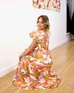 Mathilde Print Maxi Dress - Pink Multi -Curvy Charm Store Mathilde Print Maxi Dress Squatting 2 Pink Mult