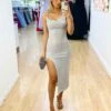Mischa Glitter Midi Dress - Silver 1 Mischa Glitter Midi Dress - Silver -Curvy Charm Store Mischa Glitter Midi Dress Front Silver