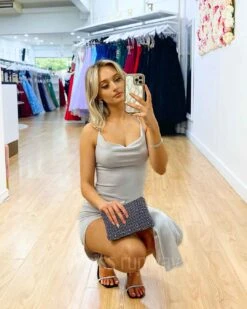 Mischa Glitter Midi Dress - Silver 14 Mischa Glitter Midi Dress - Silver -Curvy Charm Store Mischa Glitter Midi Dress Squatting Silver