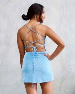 Mischa Glitter Mini Dress - Light Blue -Curvy Charm Store Mischa Mini Dress Back Close Blue