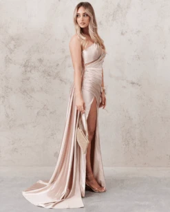Katherine One Shoulder Satin Gown - Champagne -Curvy Charm Store MissRunway22
