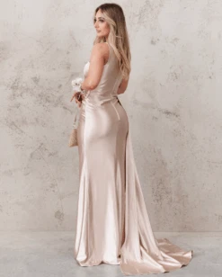 Katherine One Shoulder Satin Gown - Champagne -Curvy Charm Store MissRunway24