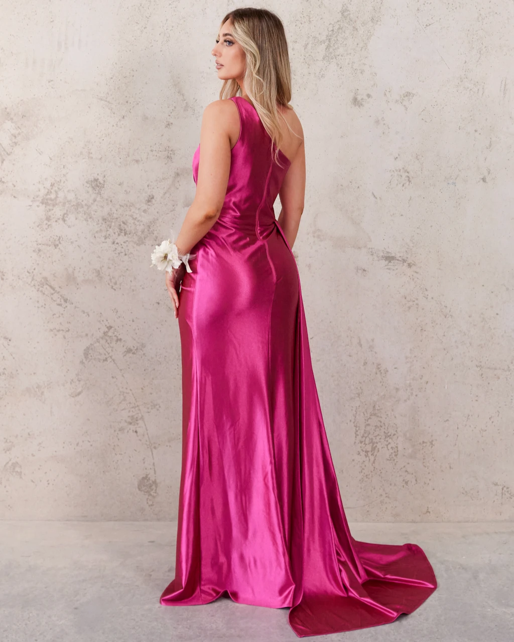 Katherine One Shoulder Satin Gown - Fuchsia 7 Katherine One Shoulder Satin Gown - Fuchsia - Image 5