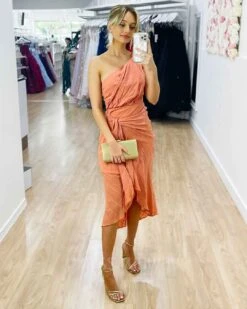 Olivia One Shoulder Midi Dress - Peach -Curvy Charm Store Olivia One Shoudler Midi Dress Front3 Peach