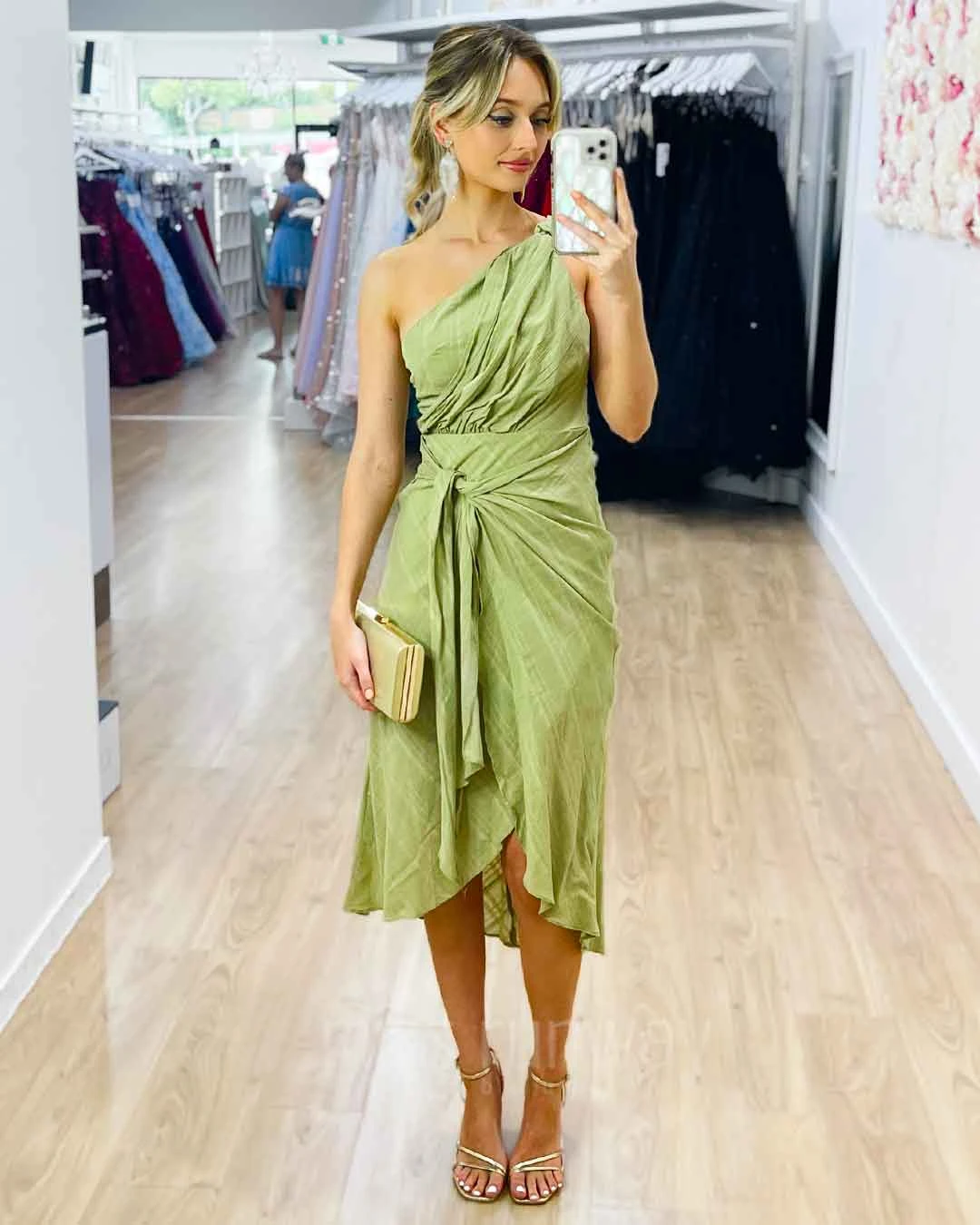 Olivia One Shoulder Midi Dress - Sage 4 Olivia One Shoulder Midi Dress - Sage - Image 2