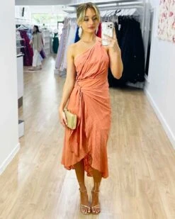 Olivia One Shoulder Midi Dress - Peach -Curvy Charm Store Olivia One Shoulder Midi Dress Front2 Peach