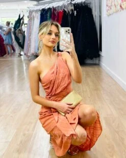 Olivia One Shoulder Midi Dress - Peach -Curvy Charm Store Olivia One Shoulder Midi Dress Sit Peach