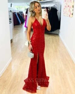 Paige Sequin Gown - Red -Curvy Charm Store Paige Sequin Gown Red Side1