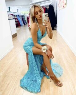 Paige Sequin Gown - Aqua Blue [SAMPLE] -Curvy Charm Store Paige Sequin Gown SItting Side Aqua Blue bcd3fc2e 320f 48b7 ba51 508a631dc816
