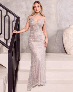 Pippa Beaded Gown - Silver/Nude