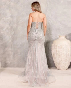 Ramona Strapless Beaded Gown - Silver/Nude -Curvy Charm Store Ramona.silver.back