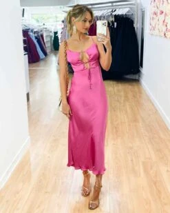 Rebecca Midi Dress - Pink -Curvy Charm Store Rebecca Satin Midi Dress Front 1 Pink