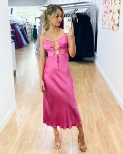 Rebecca Midi Dress - Pink -Curvy Charm Store Rebecca Satin Midi Dress Front 2 Pink