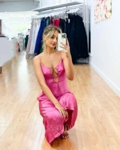 Rebecca Midi Dress - Pink -Curvy Charm Store Rebecca Satin Midi Dress Squatting Pink