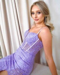 Riley Corset Lace Gown - Lilac 23 Riley Corset Lace Gown - Lilac -Curvy Charm Store Riley Corset Lace Gown Sitting 1 Lilac