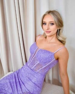 Riley Corset Lace Gown - Lilac 24 Riley Corset Lace Gown - Lilac -Curvy Charm Store Riley Corset Lace Gown Sitting Lilac