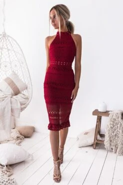 Rivers Midi Lace Dress - Red -Curvy Charm Store Rivers Midi Lace Dress Front 1 Red