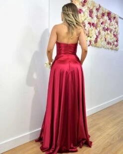 Rosie Strapless Satin Gown - Ruby -Curvy Charm Store Rosie Strapless Satin Gown Red Back