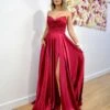 Rosie Strapless Satin Gown - Ruby -Curvy Charm Store Rosie Strapless Satin Gown Red Front