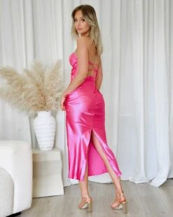 Sadie Maxi Dress - Hot Pink 22 Sadie Maxi Dress - Hot Pink -Curvy Charm Store Sadie Satin Maxi Dress Back Hot Pink