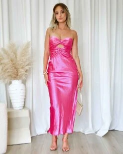 Sadie Maxi Dress - Hot Pink 23 Sadie Maxi Dress - Hot Pink -Curvy Charm Store Sadie Satin Maxi Dress Front Hot Pink