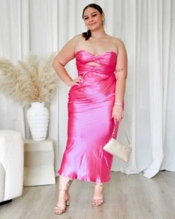 Sadie Maxi Dress - Hot Pink 21 Sadie Maxi Dress - Hot Pink -Curvy Charm Store Sadie Satin Maxi Dress Front Kiara 1 Hot Pink