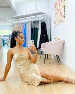 Sandrine Satin Midi Dress - Champagne -Curvy Charm Store Sandrine Mid Dress Sitting 3 Champagne