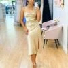 Sandrine Satin Midi Dress - Champagne -Curvy Charm Store Sandrine Midi Dress Front Champagne