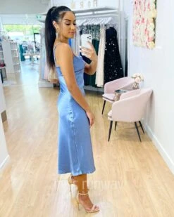 Sandrine Satin Midi Dress - Blue -Curvy Charm Store Sandrine Midi Dress Side Blue