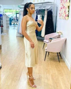 Sandrine Satin Midi Dress - Champagne -Curvy Charm Store Sandrine Midi Dress Side Front Champagne