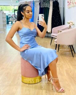 Sandrine Satin Midi Dress - Blue -Curvy Charm Store Sandrine Midi Dress Sitting 1 Blue