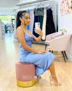 Sandrine Satin Midi Dress - Blue -Curvy Charm Store Sandrine Midi Dress Sitting 2 Blue