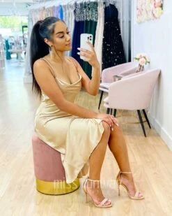 Sandrine Satin Midi Dress - Champagne -Curvy Charm Store Sandrine Midi Dress Sitting 2 Champagne