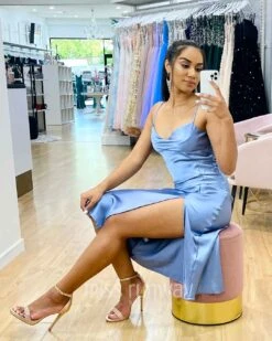 Sandrine Satin Midi Dress - Blue -Curvy Charm Store Sandrine Midi Dress Sitting 3 Blue