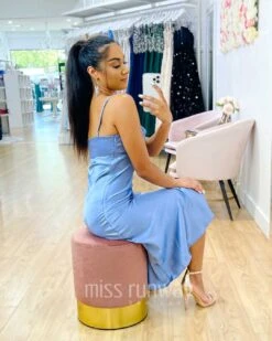 Sandrine Satin Midi Dress - Blue -Curvy Charm Store Sandrine Midi Dress Sitting 4 Blue