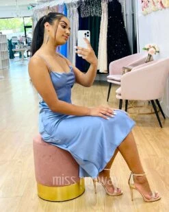 Sandrine Satin Midi Dress - Blue -Curvy Charm Store Sandrine Midi Dress Sitting Blue