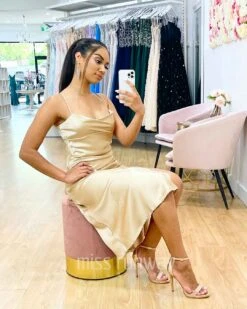 Sandrine Satin Midi Dress - Champagne -Curvy Charm Store Sandrine Midi Dress Sitting Chanpagne