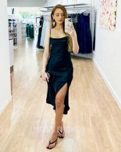 Sandrine Satin Midi Dress - Black 12 Sandrine Satin Midi Dress - Black -Curvy Charm Store Sandrine Satin Midi Dress Front 1 Black