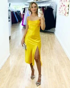 Sandrine Satin Midi Dress - Yellow -Curvy Charm Store Sandrine Satin Midi Dress Front Yellow