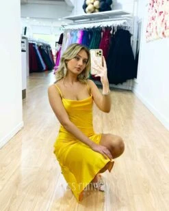Sandrine Satin Midi Dress - Yellow -Curvy Charm Store Sandrine Satin Midi Dress Squatting 1 Yellow