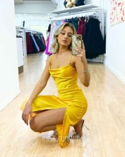 Sandrine Satin Midi Dress - Yellow -Curvy Charm Store Sandrine Satin Midi Dress Squatting Yellow