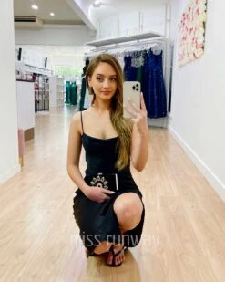 Sandrine Satin Midi Dress - Black 17 Sandrine Satin Midi Dress - Black -Curvy Charm Store Sandrine Satin Midi Dress Squatting front Black