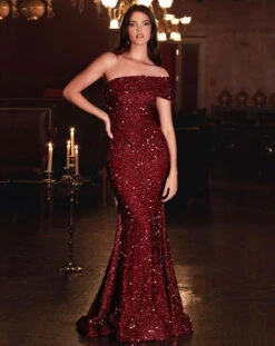 Elora One Shoulder Sequin Gown - Burgundy