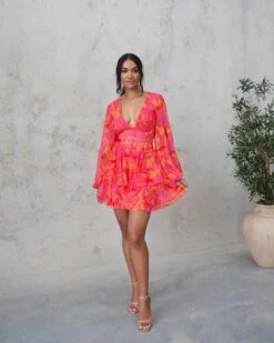 Harlow Chiffon Mini Dress - Pink Floral 16 Harlow Chiffon Mini Dress - Pink Floral -Curvy Charm Store Sweet Pot 2024 Harlow Chiffon Mini Dress Front 1 Pink Print